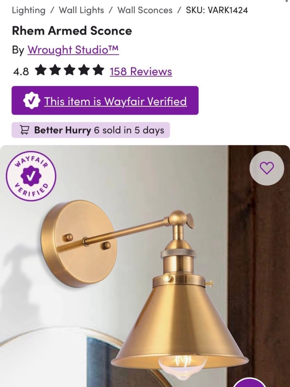 Wrought Studio Gold Rhem Armed Sconce